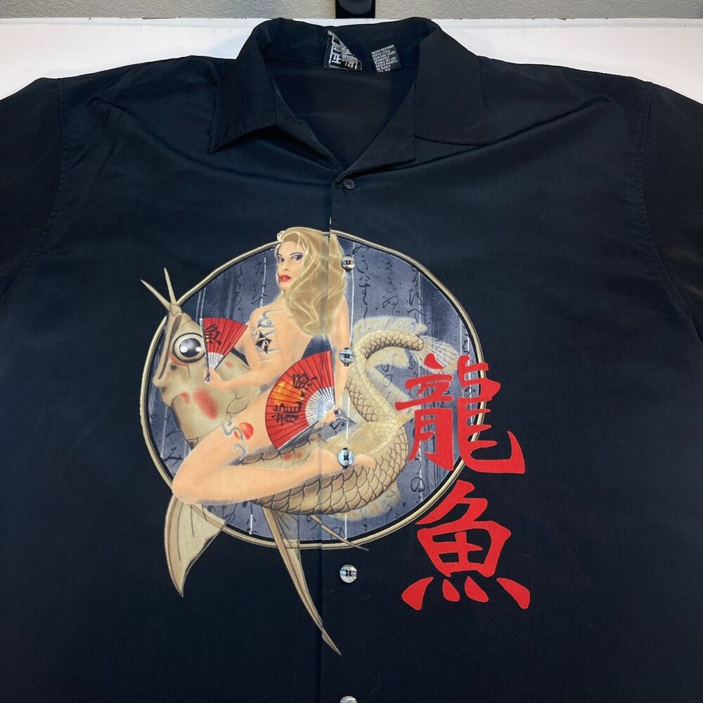 VINTAGE Authentic SHAOLIN Pin Up Girl Asian Art BUTTON UP SHIRT Sz Mens L